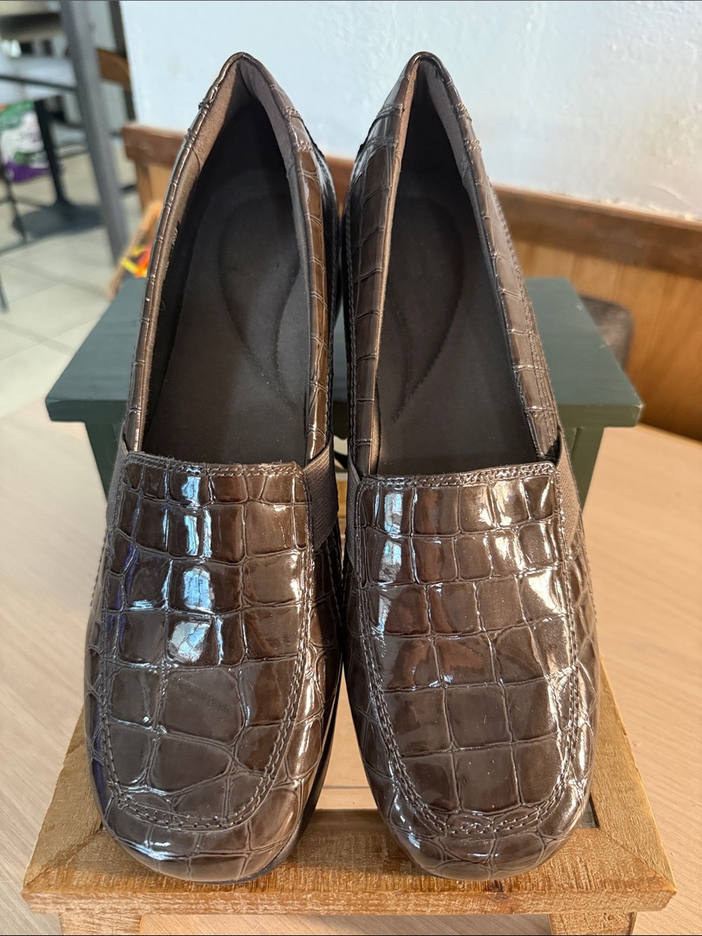 Clark’s Patent Leather Brown Croc-Embossed Slip-On Loafers